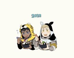 Rule 34 | 2022, :d, animal ears, animal hood, animated, animated gif, armor, black hair, blinking, blonde hair, blue eyes, blush, bowl, chainmail, chibi, chinese zodiac, chopsticks, cow hood, curly hair, dark-skinned male, dark skin, dungeon meshi, eating, fake animal ears, food, gorget, happy, holding, holding bowl, holding chopsticks, hood, hood up, kabru, laios touden, long sleeves, looking at food, looking at viewer, looking away, looking down, male focus, meat, mochimochimochi, multiple boys, mushroom, new year, open mouth, pauldrons, plate armor, short hair, shoulder armor, side-by-side, simple background, smile, tiger hood, translation request, upper body, vambraces, vegetable, walking mushroom (dungeon meshi), year of the ox, year of the tiger, yellow eyes