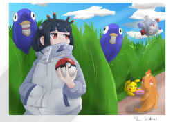 Rule 34 | 1girl, :&lt;, amano pikamee, animal, bird, black hair, black hairband, blunt bangs, border, charmander, closed mouth, creatures (company), crying, crying with eyes open, dated, day, doughnut, eyebrows hidden by hair, fire, food, game freak, gen 1 pokemon, grass, grin, gyari (bird), hairband, hand in pocket, high collar, highres, hikasa tomoshika, holding, holding poke ball, jacket, jbene, jitomi monoe, long sleeves, looking away, looking to the side, magnemite, magnet, nintendo, outdoors, outline, pikachu, poke ball, poke ball (basic), pokemon, pokemon (creature), red eyes, signature, smile, sweat, tears, upper body, virtual youtuber, voms, white border, white jacket, white outline, zipper pull tab
