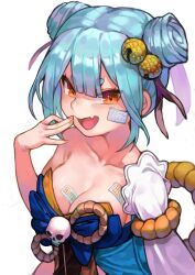 Rule 34 | 1girl, :d, absurdres, bell, blue hair, breasts, cleavage, collarbone, cyberlive, detached sleeves, double bun, fang, hair bell, hair bun, hair ornament, highres, inami yoki, jingle bell, kayaya (kiryuushi), long sleeves, looking at viewer, medium breasts, ofuda, open mouth, orange eyes, rope, shimenawa, simple background, single detached sleeve, skin fang, skull ornament, smile, solo, upper body, virtual youtuber, white background