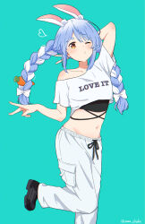 Rule 34 | 1girl, alternate costume, ama (ama ekaku), animal ear fluff, animal ears, arm behind head, arm up, black footwear, blowing kiss, blue hair, blush, bow, braid, carrot hair ornament, clothes writing, collarbone, crop top, cropped shirt, double v, food-themed hair ornament, hair bow, hair ornament, heart, highres, hololive, long hair, looking at viewer, midriff, multicolored hair, navel, off-shoulder shirt, off shoulder, one eye closed, orange eyes, pants, puckered lips, rabbit-shaped pupils, rabbit ears, rabbit girl, shirt, shoes, short eyebrows, short sleeves, simple background, solo, standing, standing on one leg, stomach, sweatpants, symbol-shaped pupils, thick eyebrows, twin braids, twintails, twitter username, two-tone hair, usada pekora, v, virtual youtuber, white bow, white hair, white pants, white shirt