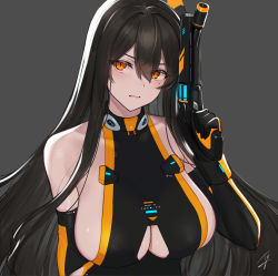 Rule 34 | 1girl, bare shoulders, breasts, china dress, chinese clothes, closed mouth, clothing cutout, commentary request, dress, grey background, gun, hair between eyes, handgun, hayabusa, highres, holding, holding gun, holding weapon, large breasts, looking at viewer, mole, mole on breast, mole under eye, orange eyes, original, pistol, signature, simple background, solo, underboob, underboob cutout, upper body, weapon