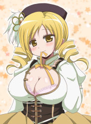 Rule 34 | 10s, 1girl, afuro, beret, blonde hair, blush, bra, breasts, cleavage, detached sleeves, drill hair, fingerless gloves, gloves, hair ornament, hat, large breasts, lingerie, magical girl, mahou shoujo madoka magica, mahou shoujo madoka magica (anime), mouth hold, puffy sleeves, ribbon, ribbon in mouth, solo, tomoe mami, underwear, yellow eyes