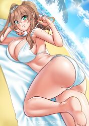Rule 34 | 1girl, absurdres, ass, battle effectiveness award, beach, bikini, blue sky, breasts, brown hair, cleavage, cloud, day, feet out of frame, green eyes, hair between eyes, high side ponytail, highres, horizon, kantai collection, katou shinobu, large breasts, lips, long hair, looking at viewer, lying, ocean, on stomach, outdoors, ponytail, saratoga (kancolle), side ponytail, sky, smokestack hair ornament, solo, swimsuit, white bikini