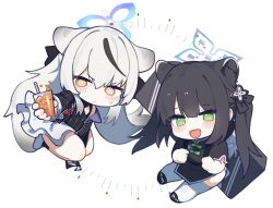 Rule 34 | 2girls, @ @, absurdres, animal ears, black dress, black footwear, black hair, blue archive, blush, chibi, china dress, chinese clothes, closed mouth, cup, dress, full body, green eyes, hair between eyes, hair ornament, hair ribbon, halo, highres, holding, holding cup, hufy, kokona (blue archive), long hair, long sleeves, looking at viewer, multicolored hair, multiple girls, open mouth, orange eyes, pelvic curtain, ribbon, short sleeves, shun (blue archive), shun (small) (blue archive), simple background, sparkle, streaked hair, sweat, thighhighs, twintails, very long hair, white background, white hair, white thighhighs