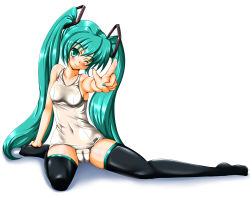 Rule 34 | aqua eyes, aqua hair, arm support, blush, cameltoe, hatsune miku, head tilt, highres, long hair, nail polish, one eye closed, pointing, simple background, sitting, swimsuit, tera hiroshi, thighhighs, twintails, very long hair, vocaloid, white background, wink