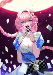 1girl, arm behind back, black bow, blue eyes, blue shirt, bow, braid, breasts, card, checkered, checkered bow, cleavage, dress, epic seven, hair bow, hair intakes, hairband, highres, holding, holding card, long hair, looking at viewer, medium breasts, nail polish, pink bow, pink hair, pink nails, playing card, puffy short sleeves, puffy sleeves, shirt, short sleeves, skirt, solo, symbol commentary, tenebria (epic seven), twin braids, vardan, watch, white skirt, wrist cuffs