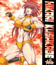 Rule 34 | 1girl, abs, bare shoulders, biceps, black gloves, breasts, character name, choker, clenched hands, clothing request, collarbone, color request, commentary request, fighting stance, fingerless gloves, gloves, hair flowing over, highres, knee pads, kusakabe hikari, large breasts, logo, looking at viewer, messy hair, midriff, muscular, muscular female, navel, open mouth, orange choker, orange footwear, orange gloves, original, promo poster, punching, red eyes, red hair, retro artstyle, shiny skin, solo, spiked hair, standing, standing on one leg, taroimo (00120014), thick thighs, thighs, tongue, wrestling, wrestling boots, wrestling outfit