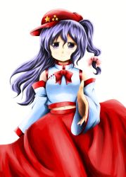 Rule 34 | 1girl, absurdres, bare shoulders, bow, cabbie hat, detached sleeves, dolls in pseudo paradise, extra, flat cap, hat, highres, kitsuzue mika, label girl (dipp), long hair, looking at viewer, mandarin collar, midriff, navel, purple eyes, purple hair, red bow, red headwear, red neckwear, red skirt, side ponytail, simple background, skirt, smile, star (symbol), touhou, vest, white background, white sleeves, white vest