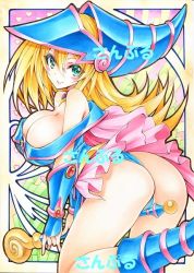 Rule 34 | 1girl, ass, bare legs, bare shoulders, blonde hair, blue footwear, blue hat, blue leotard, blush, blush stickers, breasts, cleavage, closed mouth, dark magician girl, duel monster, flipped hair, from side, green eyes, hair between eyes, hat, huge ass, large breasts, leotard, long hair, looking at viewer, looking to the side, magical girl, marker (medium), pentacle, revealing clothes, shiny skin, solo, thighs, thong leotard, traditional media, wand, wizard hat, yqgkg, yu-gi-oh!