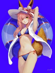 Rule 34 | 1girl, animal ear fluff, animal ears, arms behind head, arms up, bad id, bad pixiv id, bikini, blue background, blue bikini, breasts, cleavage, ears through headwear, fate/grand order, fate (series), fox ears, fox tail, groin, hat, highres, innertube, long hair, looking at viewer, medium breasts, navel, pink hair, side-tie bikini bottom, simple background, smile, solo, standing, straw hat, swim ring, swimsuit, tail, tamamo (fate), tamamo no mae (fate/extra), tamamo no mae (swimsuit lancer) (fate), tamamo no mae (swimsuit lancer) (third ascension) (fate), yellow eyes, yosay 0