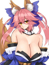 Rule 34 | 1girl, animal ear fluff, animal ears, bad id, bad twitter id, bare shoulders, blue bow, blue kimono, blush, bow, breasts, cleavage, closed mouth, collarbone, commentary request, detached collar, detached sleeves, fate/extra, fate (series), fox ears, fox girl, fox tail, hair between eyes, hair bow, hayama kazusa, highres, huge breasts, japanese clothes, kimono, long hair, looking at viewer, obi, pink hair, sash, sidelocks, simple background, smile, solo, tail, tamamo (fate), tamamo no mae (fate/extra), twintails, white background, yellow eyes