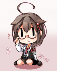 Rule 34 | 1girl, ^^^, adjusting eyewear, ahoge, bespectacled, bow, braid, brown hair, camera, chibi, glasses, gradient background, hair bow, hair ornament, jewelry, kantai collection, long hair, long sleeves, looking at viewer, necklace, open mouth, pleated skirt, red bow, shigure (kancolle), shigure kai ni (kancolle), sitting, skirt, solo, sugiura, triangle mouth, twitter username, wariza, | |