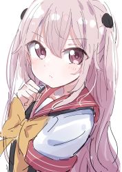 Rule 34 | 1girl, absurdres, blush, bow, brown eyes, closed mouth, commentary, hair between eyes, hand up, highres, inui sajuna, long hair, looking at viewer, okota mikan, pink hair, red sailor collar, sailor collar, school uniform, serafuku, shirt, short sleeves, simple background, sketch, solo, sono bisque doll wa koi wo suru, sweater vest, upper body, very long hair, white background, white shirt, yellow bow