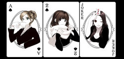 Rule 34 | 3girls, ;p, ace (playing card), ace of spades, arm rest, black hair, blazer, blonde hair, breasts, brown eyes, brown hair, business suit, buttons, card, card (medium), cleavage, colored skin, cup, drinking, english text, formal, framed, glasses, green eyes, hair bun, hand on own head, hand up, holding, holding card, holding cup, jacket, joker (playing card), long hair, long sleeves, looking at viewer, md5 mismatch, medium breasts, monochrome, multiple girls, off-shoulder, off-shoulder sweater, off shoulder, one eye closed, original, playing card, playing card theme, poaro, resized, rimless eyewear, scarf, shirt, short hair, sleeves past wrists, spade, spade (shape), spot color, suit, sweater, swept bangs, teacup, tongue, tongue out, two of spades, upper body, white background, white skin, wink