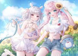 Rule 34 | &gt; &lt;, 2girls, :d, animal ears, arm up, bear ears, blue eyes, blue shorts, blue sky, blush, bow, breasts, brown headwear, cleavage, closed eyes, closed mouth, cloud, commentary request, day, dress, flower, frilled dress, frills, grey hair, hair bow, high heels, holding, holding flower, hose, kohinata hoshimi, long hair, low twintails, medium breasts, multiple girls, navel, off-shoulder shirt, off shoulder, open clothes, open fly, open mouth, open shorts, original, outdoors, pink bow, pink hair, rabbit ears, red eyes, sandals, shirt, short shorts, shorts, sky, sleeveless, sleeveless dress, smile, standing, standing on one leg, sunflower, tied shirt, twintails, two side up, very long hair, water, white bow, white dress, white footwear, white shirt, yellow flower