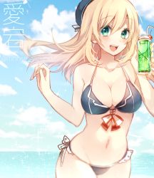 Rule 34 | 10s, 1girl, :d, adapted costume, alternate costume, atago (kancolle), bad id, bad twitter id, bikini, blonde hair, blush, breasts, character name, cleavage, cup, drink, drinking glass, drinking straw, front-tie top, green eyes, hat, ichinose yukino, kantai collection, large breasts, long hair, looking at viewer, navel, open mouth, side-tie bikini bottom, smile, solo, sparkle, swimsuit, twitter username