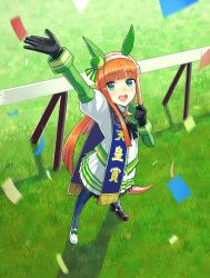 Rule 34 | 1girl, absurdres, animal ears, arm up, asymmetrical footwear, black footwear, black gloves, blue pantyhose, blunt bangs, commentary request, confetti, day, ear covers, fence, from above, full body, gloves, grass, green eyes, hairband, highres, horse ears, horse girl, horse tail, jacket, juliet sleeves, long hair, long sleeves, looking at viewer, looking up, mismatched footwear, open mouth, orange hair, outdoors, outstretched arm, pantyhose, puffy sleeves, silence suzuka (umamusume), skirt, smile, solo, standing, tail, tokiwa png, umamusume, white footwear, white jacket, white skirt