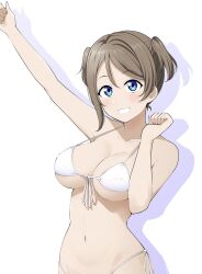 Rule 34 | 1girl, alternate hairstyle, arm up, barkhorn0331, bikini, blue eyes, breasts, brown hair, cleavage, collarbone, commentary request, highres, large breasts, looking at viewer, love live!, love live! sunshine!!, navel, short hair, side-tie bikini bottom, simple background, smile, solo, stomach, swimsuit, twintails, watanabe you, white background, white bikini