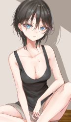 Rule 34 | :o, alternate hair color, anastasia (idolmaster), bare arms, black hair, black tank top, blue eyes, blush, breasts, cleavage, collarbone, grey shorts, hair between eyes, highres, idolmaster, idolmaster cinderella girls, looking at viewer, medium breasts, open mouth, rum raisin (chihiromakita19), shirt, short hair, shorts, sitting, solo, tank top, wet, wet clothes, wet hair, wet shirt, wooden floor