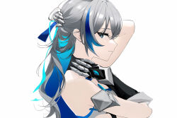 Rule 34 | 1girl, absurdres, ahivemind, arm armor, armor, blonde hair, blue eyes, bronya zaychik, closed mouth, colored inner hair, facing to the side, grey hair, hand in own hair, highres, honkai (series), honkai impact 3rd, looking at viewer, multicolored hair, shirt, sleeveless, sleeveless shirt, smile, solo, wavy hair