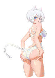Rule 34 | 1girl, absurdres, animal ear fluff, animal ears, blue eyes, bra, breasts, cat ears, cat girl, cat tail, commentary request, from behind, highres, huajitian, looking at viewer, looking back, medium breasts, mole, mole on ass, original, panties, short hair, simple background, solo, tail, underwear, underwear only, wet, white background, white bra, white hair, white panties