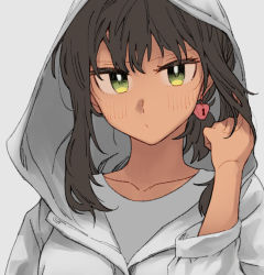 Rule 34 | 1girl, black hair, blush, closed mouth, collarbone, commentary, earrings, english commentary, ergot, fubuki (kancolle), green eyes, grey background, heart lock (kantai collection), jewelry, kantai collection, long sleeves, portrait, raincoat, short hair, short ponytail, simple background, single earring, solo