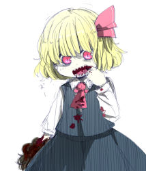Rule 34 | 1girl, blonde hair, blood, blood on clothes, female focus, mouth pull, nasimura, open mouth, rumia, sharp teeth, sketch, slit pupils, solo, teeth, touhou