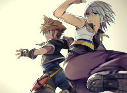 Rule 34 | 2boys, back-to-back, blue eyes, brown hair, chain, chain necklace, cropped jacket, esto (20motoko), fighting stance, fingerless gloves, gloves, gradient background, grey background, hood, hooded jacket, jacket, jewelry, kicking, kingdom hearts, kingdom hearts ii, male focus, motion blur, multiple boys, necklace, open mouth, pants, riku (kingdom hearts), short hair, silver hair, simple background, sora (kingdom hearts), spiked hair