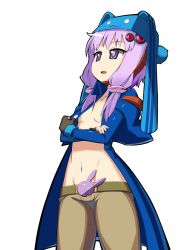 Rule 34 | 1girl, ammo baron, ammo baron (cosplay), breasts, cosplay, fingerless gloves, gloves, groin, highres, jacket, long hair, navel, purple eyes, purple hair, shantae (series), short hair with long locks, simple background, small breasts, solo, thighs, toudori, transparent background, vocaloid, voiceroid, white background, yuzuki yukari