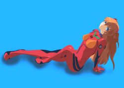 Rule 34 | 1girl, artist request, blue background, blue eyes, brown hair, from side, full body, hair between eyes, hair ornament, long hair, looking at viewer, neon genesis evangelion, plugsuit, shiny clothes, sitting, smile, solo, souryuu asuka langley, standing, two side up, very long hair, wide hips