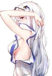 Rule 34 | 1girl, arknights, arm up, armpits, bare arms, bare shoulders, breasts, eyewear on head, from side, hair ornament, highres, leria v, long hair, looking at viewer, looking to the side, medium breasts, official alternate costume, profile, red eyes, shirt, simple background, skadi (arknights), skadi (waverider) (arknights), solo, white background, white hair, white shirt