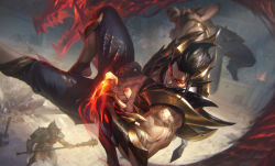 Rule 34 | 1boy, abs, absurdres, arm tattoo, armor, black hair, crop top, dragon, flaming hand, gauntlets, gloves, glowing, glowing eyes, grapp, grapple, grappling hook, helmet, highres, league of legends, leg armor, loincloth, male focus, maze, muscular, muscular male, obsidian dragon sett, pants, pectorals, red eyes, scar, scar on face, sett (league of legends), shoes, shoulder armor, tattoo, thick arms, veins, veiny arms, weapon, xiao-guang sun