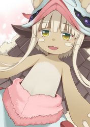 Rule 34 | 1other, :3, androgynous, animal ears, blonde hair, blush, body fur, commentary request, fangs, furry, helmet, highres, honda naoki, horizontal pupils, looking at viewer, made in abyss, nanachi (made in abyss), open mouth, short hair, smile, upper body, yellow eyes