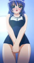 Rule 34 | 00s, 1girl, blue eyes, blue hair, blush, breasts squeezed together, breasts, covering privates, covering crotch, cowboy shot, doki doki oyako lesson, from below, glasses, matching hair/eyes, name tag, one-piece swimsuit, open mouth, satou maya, school swimsuit, screencap, solo, stitched, swimsuit, third-party edit, v arms
