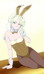 Rule 34 | 1girl, animal ears, bare shoulders, blonde hair, blue eyes, breasts, cleavage, detached collar, diana cavendish, fake animal ears, green hair, leotard, little witch academia, long hair, looking at viewer, medium breasts, multicolored hair, pantyhose, playboy bunny, rabbit ears, satochi, sitting, solo, strapless, strapless leotard