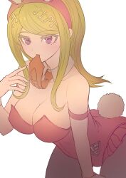 Rule 34 | 1girl, absurdres, ahoge, akamatsu kaede, animal ears, bare shoulders, blonde hair, breasts, cleavage, danganronpa (series), danganronpa v3: killing harmony, detached collar, fake animal ears, fortissimo, hair ornament, highres, large breasts, leaning forward, leotard, long hair, looking at viewer, mouth hold, musical note, musical note hair ornament, necktie, necktie in mouth, playboy bunny, rabbit ears, rabbit tail, simple background, strapless, strapless leotard, tail, wrist cuffs, youko-shima