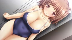 Rule 34 | 1girl, :o, blue one-piece swimsuit, blush, breasts, brown eyes, brown hair, cleavage, colored eyelashes, competition school swimsuit, competition swimsuit, covered navel, dutch angle, embarrassed, game cg, huge breasts, indoors, koku, legs together, looking at viewer, mafuka nemuru, official art, one-piece swimsuit, realive, school swimsuit, short hair, solo, standing, swimsuit, thigh gap, thighs, two side up
