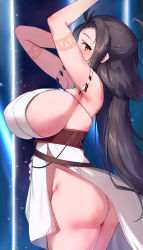 Rule 34 | 1girl, armpits, arms up, ass, bare shoulders, body markings, breasts, brown eyes, brown hair, dress, facial mark, fate/grand order, fate (series), forehead, forehead mark, highres, himiko (fate), himiko (first ascension) (fate), jewelry, large breasts, long hair, looking at viewer, magatama, magatama necklace, necklace, no bra, no panties, sash, side slit, sideboob, thighs, topknot, twintails, viral1112, white dress