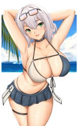 Rule 34 | 1girl, arcie albano, bare shoulders, bikini, blush, braid, breasts, cleavage, collarbone, green eyes, highres, hololive, large breasts, looking at viewer, mole, mole on breast, navel, open mouth, shirogane noel, shirogane noel (summer 2020), short hair, silver hair, skirt, smile, solo, swimsuit, virtual youtuber