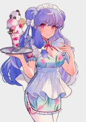 Rule 34 | 1girl, apron, blue dress, blush, bow, breasts, china dress, chinese clothes, cleavage, closed mouth, commentary request, double bun, dress, floral print, frilled apron, frills, grey background, hair bow, hair bun, hand up, highres, holding, holding tray, long hair, maid, maid headdress, medium breasts, miyako (xxxbibit), parfait, print dress, puffy short sleeves, puffy sleeves, purple eyes, purple hair, qi maid, ranma 1/2, shampoo (ranma 1/2), short sleeves, sidelocks, simple background, smile, solo, thighhighs, tray, very long hair, white apron, white bow, white thighhighs