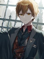 Rule 34 | 1boy, absurdres, backlighting, blazer, blonde hair, collared shirt, earrings, fence, gloves, hand on own knee, highres, jacket, jewelry, knee up, long sleeves, looking at viewer, male focus, multicolored hair, necklace, orange eyes, orange hair, project sekai, shinonome akito, shirt, short hair, sitting, solo, streaked hair, teneko02, v-shaped eyebrows