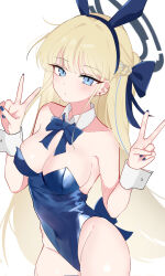 Rule 34 | 1girl, absurdres, animal ears, artist request, backless leotard, bare shoulders, black halo, blonde hair, blue archive, blue bow, blue eyes, blue leotard, blue nails, bow, bowtie, braid, breasts, closed mouth, collarbone, cowboy shot, detached collar, dot mouth, dot nose, double v, ear piercing, expressionless, fake animal ears, french braid, hair bow, halo, highleg, highleg leotard, highres, leotard, light blush, long hair, looking at viewer, mechanical halo, medium breasts, multicolored hair, official alternate costume, official alternate hairstyle, piercing, playboy bunny, rabbit ears, simple background, solo, strapless, strapless leotard, streaked hair, thighs, toki (blue archive), toki (bunny) (blue archive), v, very long hair, white background, white wrist cuffs, wrist cuffs