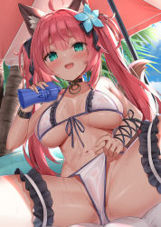 Rule 34 | 1girl, :d, ahoge, animal ears, aqua eyes, bare shoulders, beach umbrella, bikini, bikini pull, black choker, bottle, bow, breasts, breasts apart, cat ears, choker, clothes pull, flower, frilled bikini, frills, front-tie bikini top, front-tie top, hair bow, hair flower, hair ornament, halterneck, halterneck, highres, holding, kyonta, large breasts, bridal garter, long hair, looking at viewer, navel, open mouth, original, pink hair, pouring, pouring onto self, sitting, skindentation, smile, solo, spread legs, stomach, string bikini, swimsuit, thighs, twintails, umbrella, water, wet, white bikini, wristband