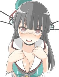 Rule 34 | 10s, 1girl, bad id, bad nicoseiga id, bare shoulders, black hair, blush, breasts, choker, choukai (kancolle), choukai kai ni (kancolle), commentary request, glasses, hair ornament, hat, headgear, kantai collection, large breasts, long hair, masupa kiriu, no gloves, open mouth, red eyes, rimless eyewear, school uniform, simple background, skirt, smile, solo, teeth, white background, white skirt