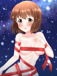 Rule 34 | 1girl, absurdres, bare shoulders, blush, bob cut, breasts, brown eyes, brown hair, commentary, covered erect nipples, hagiwara yukiho, highres, idolmaster, idolmaster million live!, looking at viewer, medium breasts, naked ribbon, navel, night, night sky, nora ichigo, open mouth, outdoors, red ribbon, ribbon, short hair, skindentation, sky, smile, snowflakes, snowing, solo, standing, star (sky), starry sky, upper body