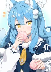 Rule 34 | + +, 1girl, animal ears, animal print, blue hair, brown eyes, capelet, commentary request, eating, food, food in mouth, fur-trimmed capelet, fur trim, hair ornament, hairclip, highres, holding, holding food, indie virtual youtuber, long hair, long sleeves, neck ribbon, necktie, one side up, pom pom (clothes), pom pom hair ornament, rabbit hair ornament, rabbit print, ribbon, solo, totomono, upper body, virtual youtuber, wolf ears, wolf girl, yukimochi nonome