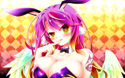 Rule 34 | 1girl, :q, angel, angel wings, animal ears, bare shoulders, bird ears, blush, breasts, cleavage, collarbone, commentary request, cross, feathered wings, gradient eyes, gradient hair, highres, jibril (no game no life), large breasts, leotard, licking lips, long hair, looking at viewer, mii aki, multicolored eyes, multicolored hair, naughty face, nipple slip, nipples, no game no life, orange eyes, pink hair, playboy bunny, purple leotard, rabbit ears, solo, symbol-shaped pupils, tattoo, tongue, tongue out, wing ears, wings, yellow eyes