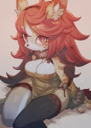 Rule 34 | 1girl, @ @, animal ear fluff, animal nose, black thighhighs, body fur, breasts, cleavage, dog, furry, furry female, hair between eyes, legs together, long hair, orange hair, red eyes, rikose, simple background, sitting, solo, thighhighs