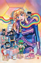 Rule 34 | 3boys, 3girls, absurdres, alice in wonderland, animification, barbara gordon, batgirl, batman, belt, black eyes, black hair, bodysuit, bookshelf, bottle, bow, breasts, bruce wayne, cake, candy, cassandra cain, cheshire cat (alice in wonderland), chibi, comic cover, commentary, cork, cover image, crossed arms, cup, dick grayson, double v, english commentary, food, gouache (medium), green eyes, green headwear, green jacket, green pants, hair behind ear, hat, head tilt, heart, highres, holding, holding cup, jacket, mad hatter (dc), medium breasts, mini person, miniboy, minigirl, multiple boys, multiple girls, nightwing, official art, painting (medium), pants, purple belt, rabbit, rainbow, red bow, rian gonzales, robin (dc), sitting, smile, sparkle, star (symbol), stephanie brown, table, teacup, tim drake, top hat, traditional media, v, yellow belt