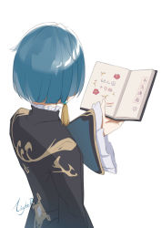 Rule 34 | 1boy, absurdres, artist name, black shirt, blue hair, book, commentary request, genshin impact, highres, holding, holding book, lightria, long sleeves, male focus, shirt, short hair, signature, simple background, solo, translation request, upper body, white background, wide sleeves, xingqiu (genshin impact)